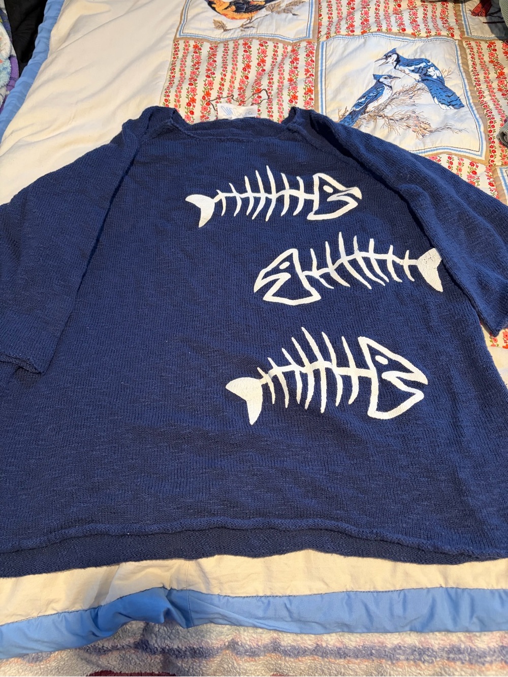 Womens Navy Blue Fish Skeleton top - Unbranded